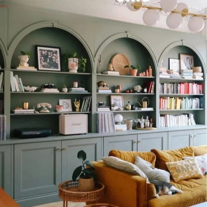 A  retro cream style full wall arched bookcase combination modern simple bookcase living room display case