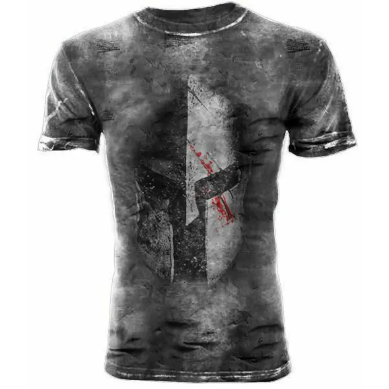 2023 Summer Vintage Spartan Print Men\'s T-shirts Breathable O-Neck Loose Short Sleeve Male Casual Tops Daily Tee Men Clothing