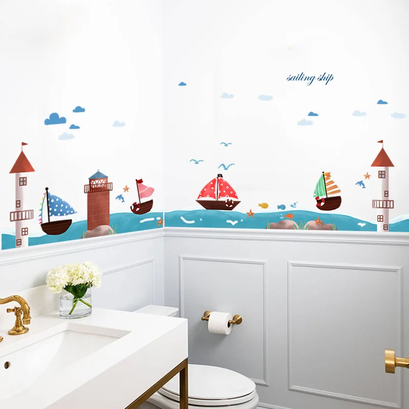 Mural Decals wallpaper Sailboat on the sea Wall Stickers for kids Children's room Living room Bedroom home Baseboard decoration