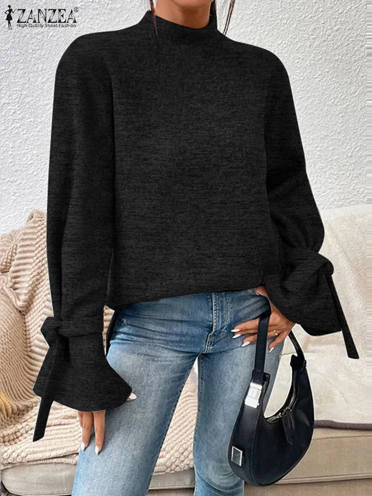 

2024 Spring Long Flared Sleeve Sweatshirts ZANZEA Women Round Neck Knitted Tops Fashion Loose Cuff Lace-up Pullover Casual Blusa