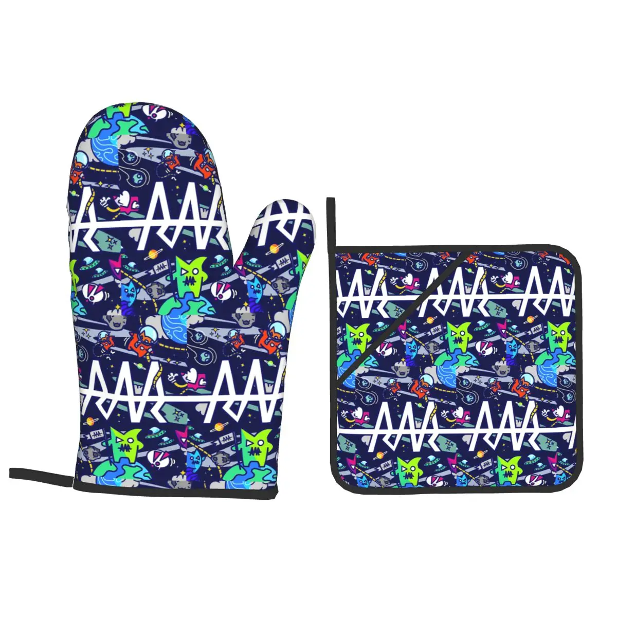 Team RAR Space Monsters Oven Mitts and Pot Holder Sets of 4 for Baking Kitchen Cooking Grilling Resistant Non-Slip Gloves