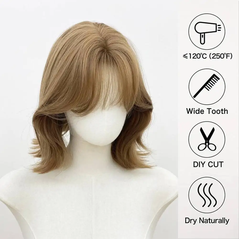 วิกผมสังเคราะห์สีน้ำตาลแอชบราวน์ทรงบ๊อบ มีหน้าม้า วิกผมสั้นแบบลอนสไตล์โลลิต้า สำหรับผู้หญิงผิวขาว ผมดูเป็นธรรมชาติ เหมาะสำหรับใส่ในชีวิตประจำวันและงานปาร์ตี้