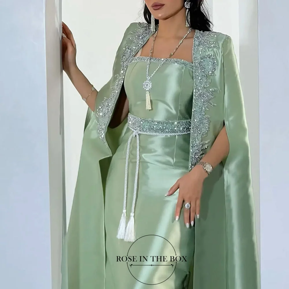 ROSEINBOX Vestidos de fiesta de noche con cuentas de lujo para mujer, vestido formal adornado con cristales verdes satinados con chaqueta personalizada