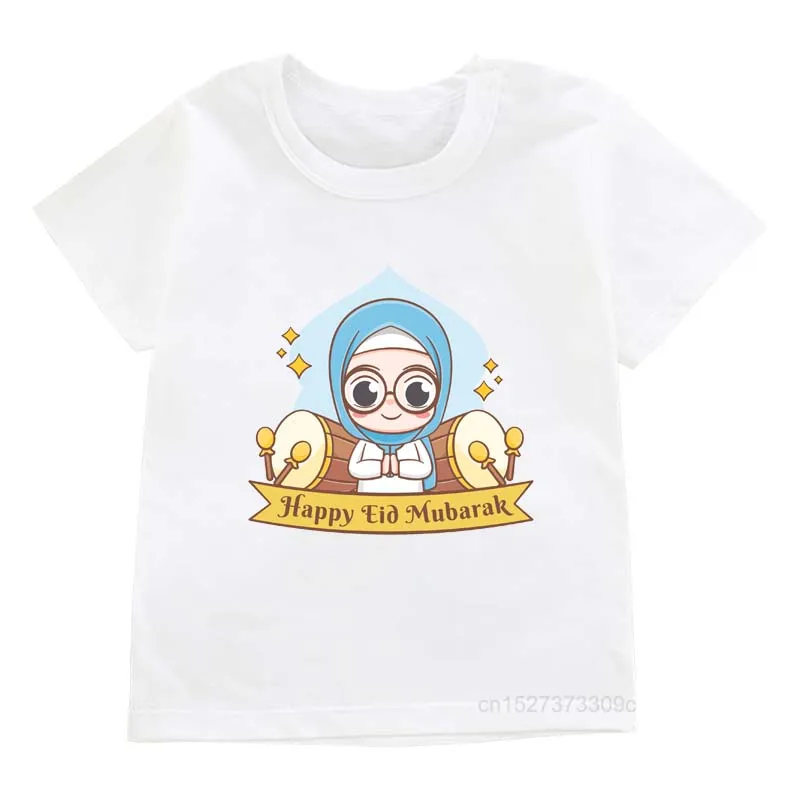 2025Kids T Shirt Happy Eid Mubarak Design Boys/Girls Summer Short Sleeve Islamic Muslim T-shirt Eid Al-Firt Mubarak Clothes Tops