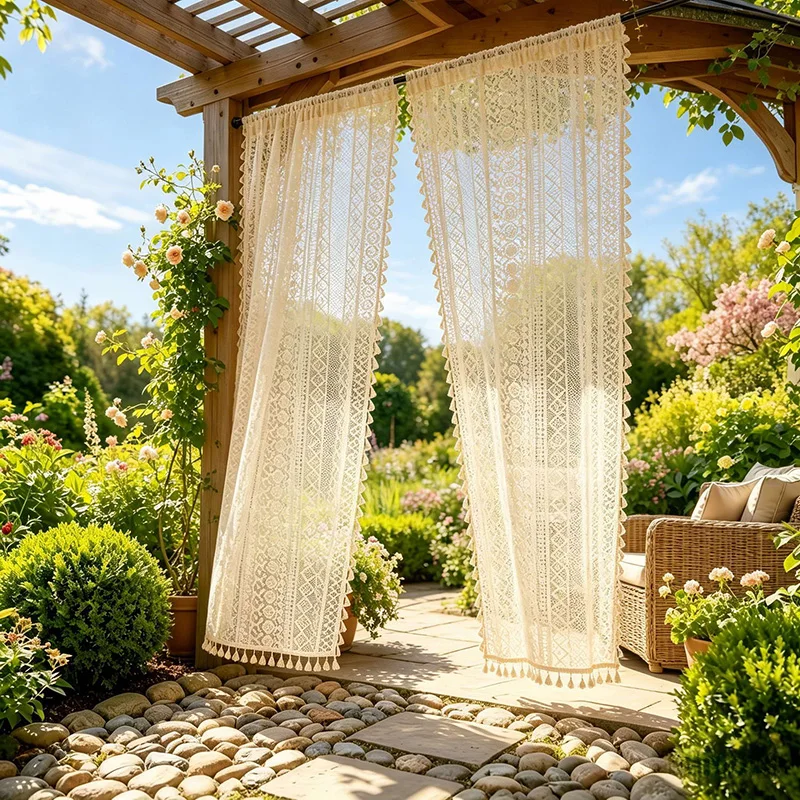 Boho Beige Crochet Lace Door Curtain Semi-Sheer Light Filtering Tassel Trim Rod Pocket Drape for Farmhouse Partition