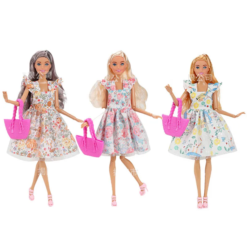 30cm moda fr menina princesa babi boneca verão casual bonito vestido floral + moda bolsa conjunto 1/6 bjd boneca jogar casa vestir-se brinquedo