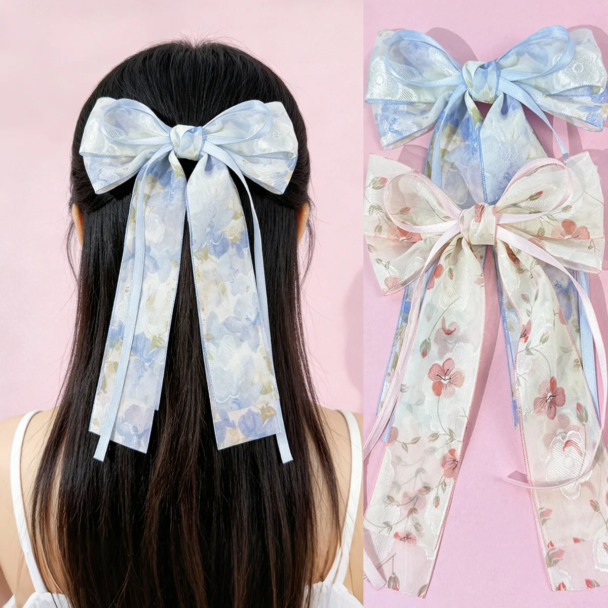 20pcs-boho-floral-print-long-ribbon-hair-bow-clips-for-girls-mesh-tassel-side-hair-grips-bulk-hair-accessories-for-women