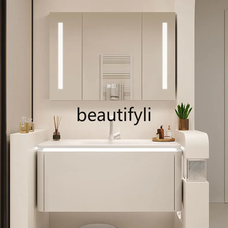 

Corian Stone Seamless Ceramic Integrated Basin Modern Bathroom Cabinet Combined Toilet Washbasin Oak Cabinet
