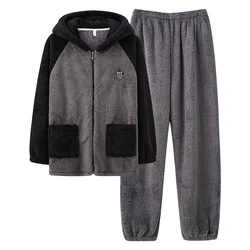 Winter Pajamas Set Men Thick Coral Fleece Pyjamas M-4XL Warm Hooded Sleepwear Flannel Mens Pyjama Home Clothes