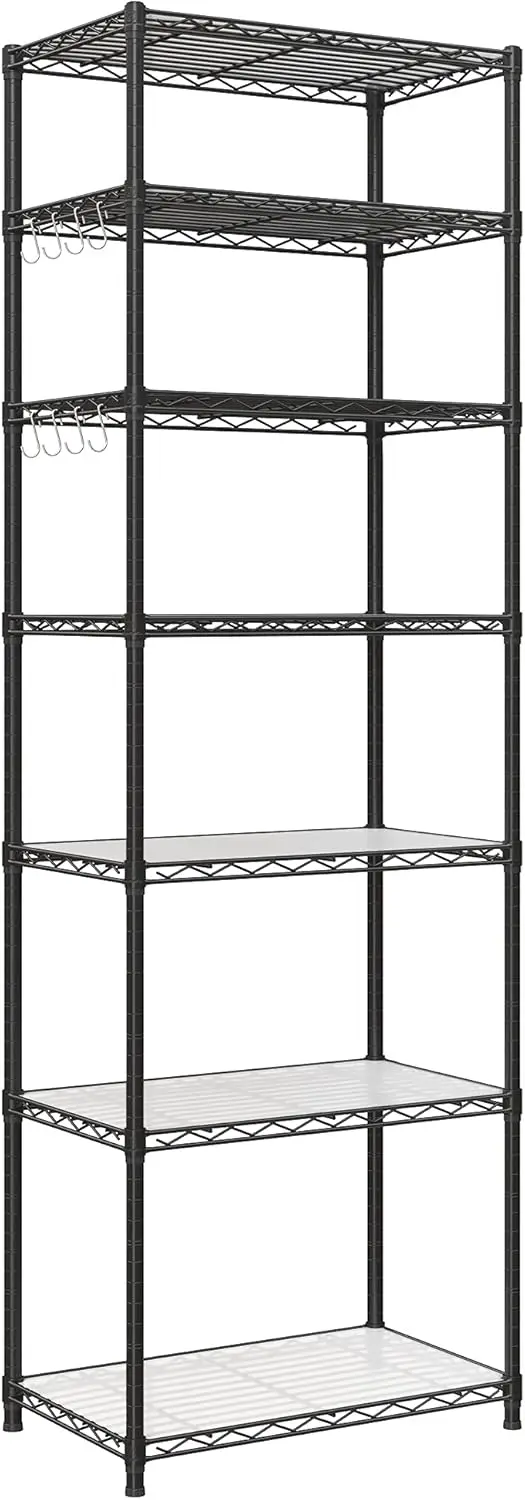 

7-Tier Adjustable Metal Storage Rack with Hooks and Liners, for Garage and Kitchen, Black