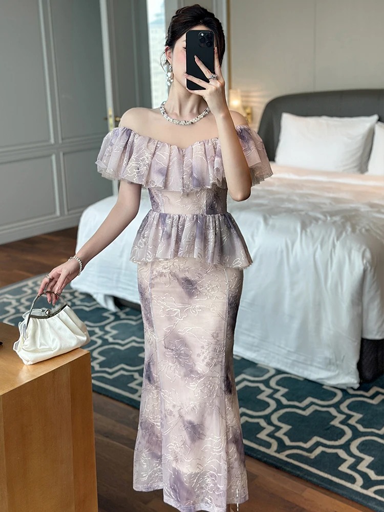 Celebrity Elegant Party Dress Women Sheer Mesh Splice Pearl Neckline Ruffle Peplum Fishtail Robe Formal Dinners Wedding Vestidos