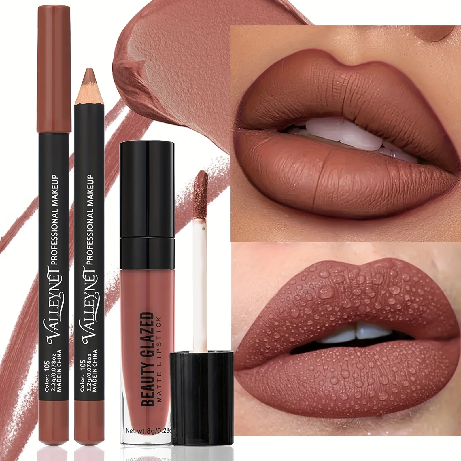 2pcs Wooden Lipstick Pens with 1pc Matte Lip Gloss Set, Long-Lasting,Resistant,Waterproof,Ideal Beauty Products for Gifting.