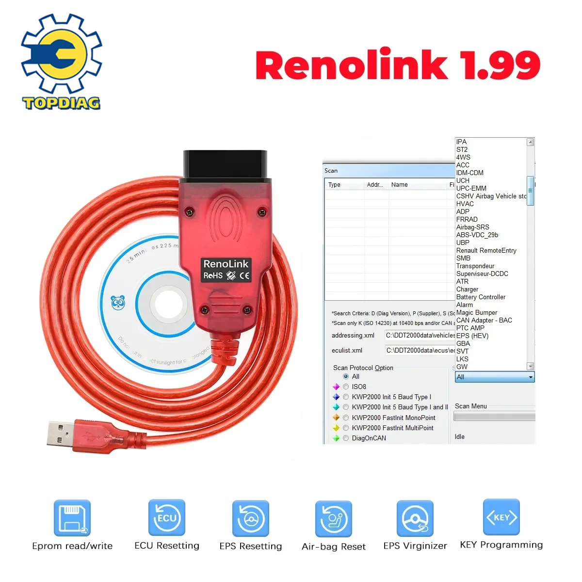 For Renault Renolink V1.99 ECU Programmer OBD2 Diagnostic Interface Auto Tool Air-bag Reset Key Coding ECU Chip Tuning Cable