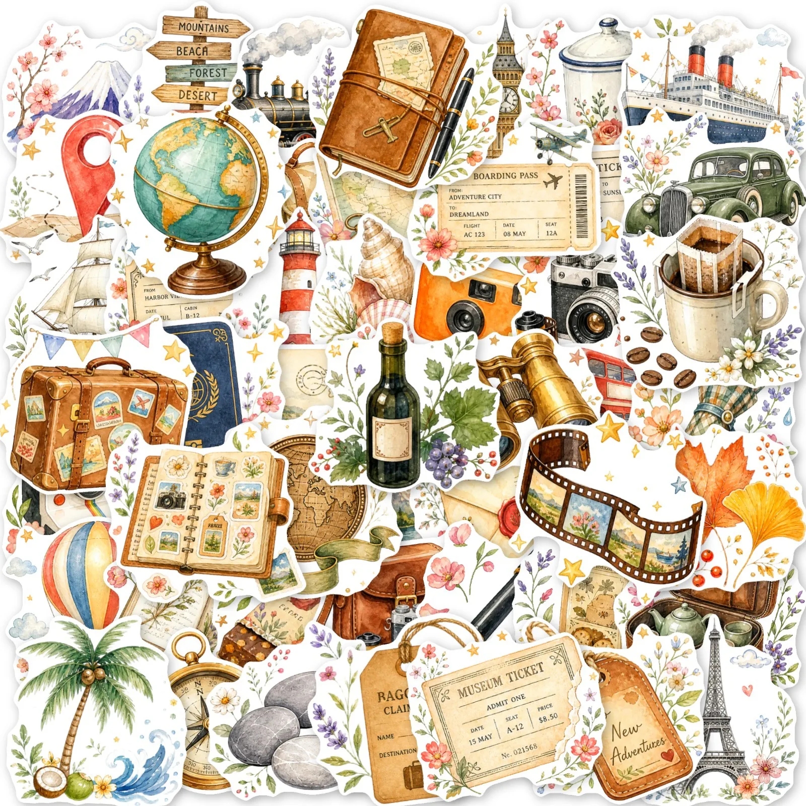 50-Pack Waterproof Vintage European Travel Element Graffiti Stickers for Notebook Guitar Travel Case Stationery Box Decor
