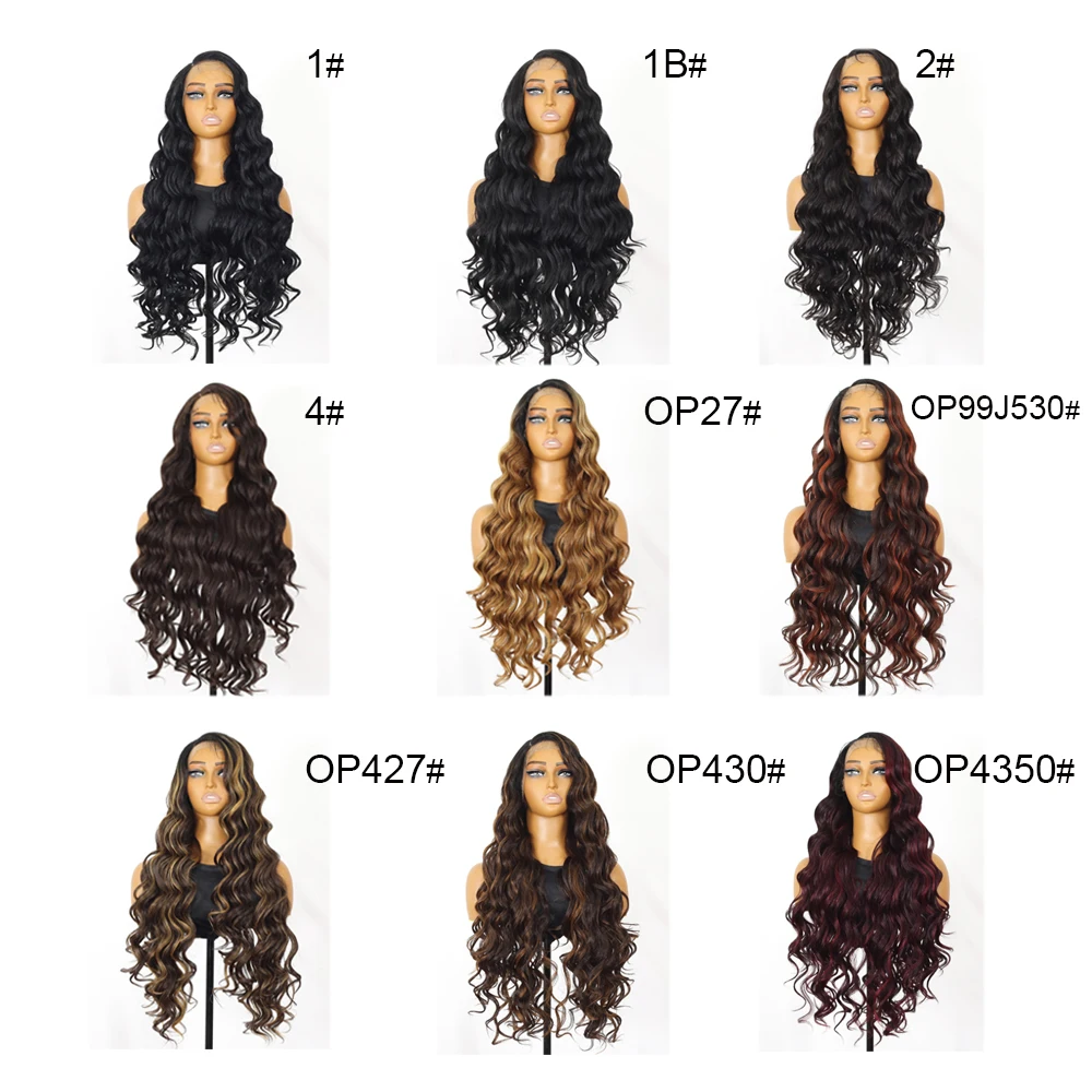 Wig Depan Renda HD Ekstra Panjang 30 Inci T-bagian 13X5 Wig Ikal Longgar dengan Rambut Bayi Rambut Sintetis Multiwarna Serat Tahan Panas