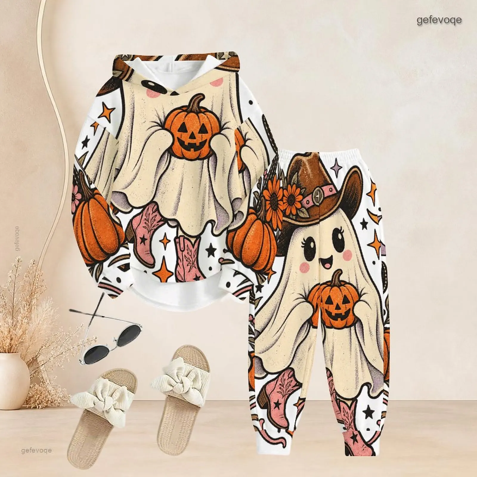 Cute Ghost Pumpkin Cowboy Pattern Printed Long Sleeve Hoodie and Cuffed Pants 2 Piece Set