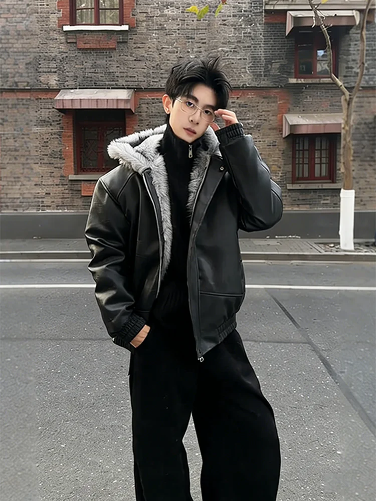 

Мужская кожаная куртка с капюшоном American Sle Thiened Fce на подкладке, зимнее теплое байкерское пальто, хлопковая одежда, повседневная (3)