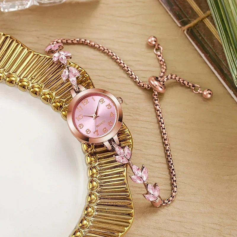 Elegant Ladies Thin Bangle Watch, Marquise Pink Zircon Leaf Decor Rose Gold Quartz Wristwatch for Daily Dating