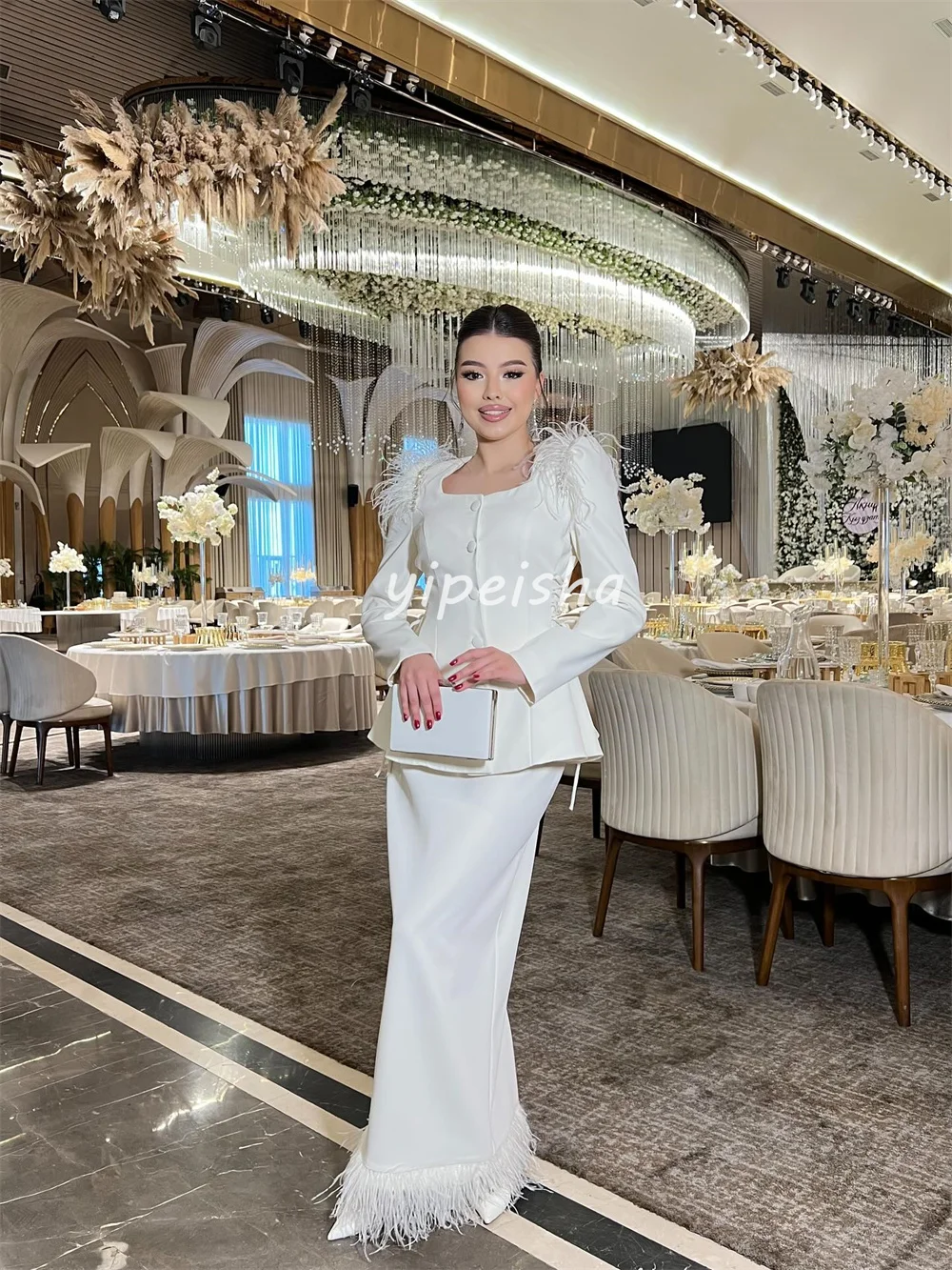 Personalizado combinando formal jérsei botão pena plissado em linha reta pescoço quadrado vestidos longos sob medida vestidos de ocasião alta qualidade