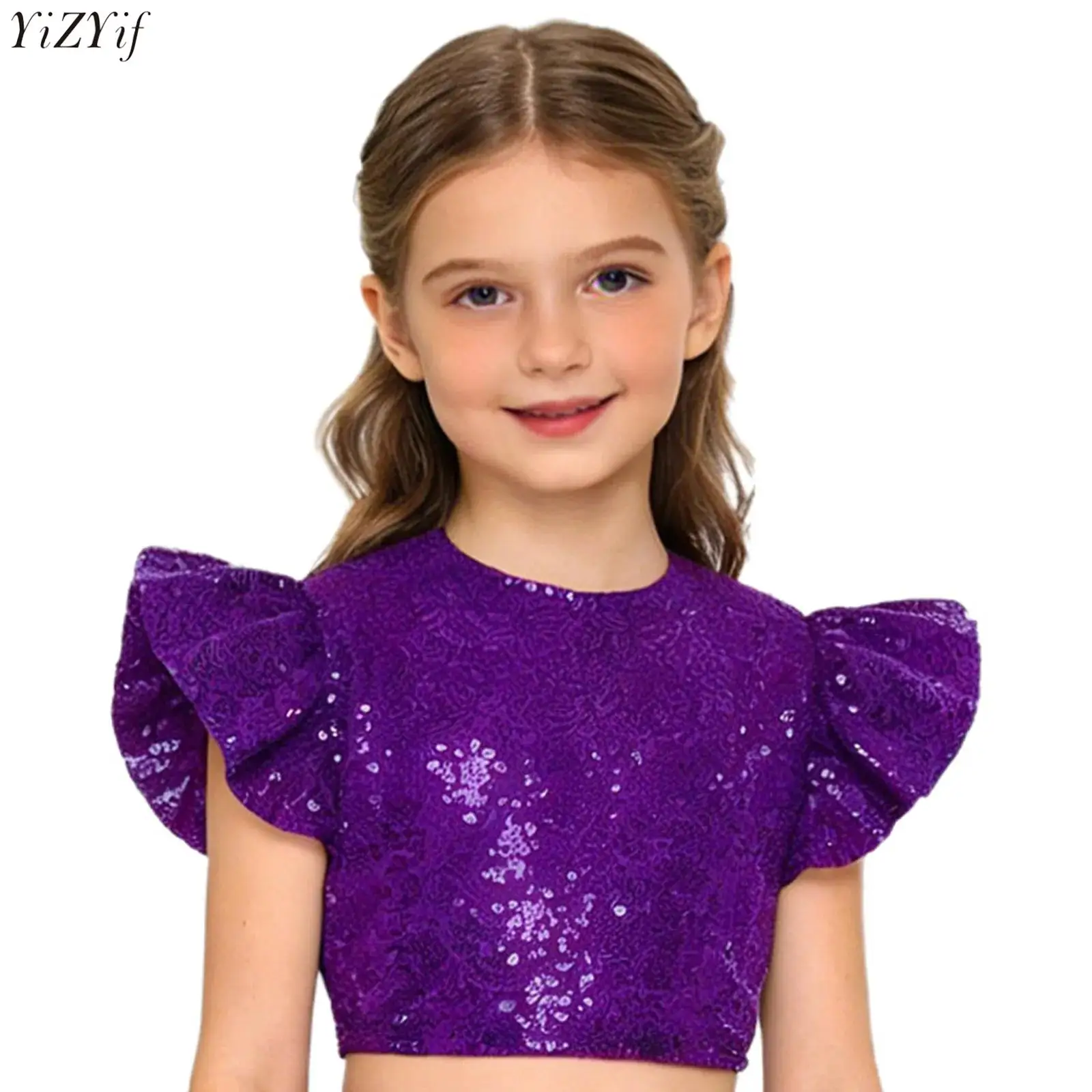 

Kids Girls Jazz Dance Crop Top Glittery Sequins Crew Neck Ruffled Fly Sleeve Fully Lined Blouse Top Ballroom Party Dancewear