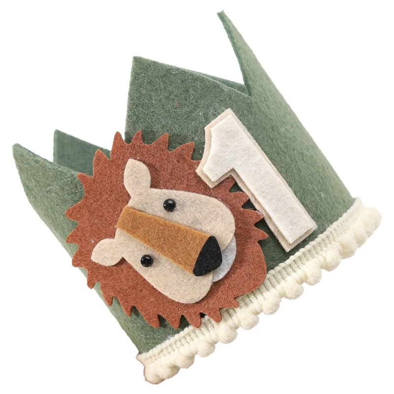 1 Year Old Kids Avocado Green Lion Birthday Crown First Baby Party White Non Woven Safari