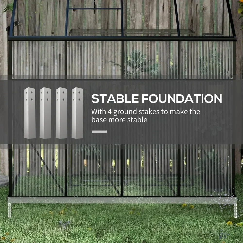 Lean-to PolyCarbonate Greenhouse, Walk-in Greenhouse w/Sliding Door, 5-Level Roof Vent, Rain Gutter, Aluminum Frame & Foundation