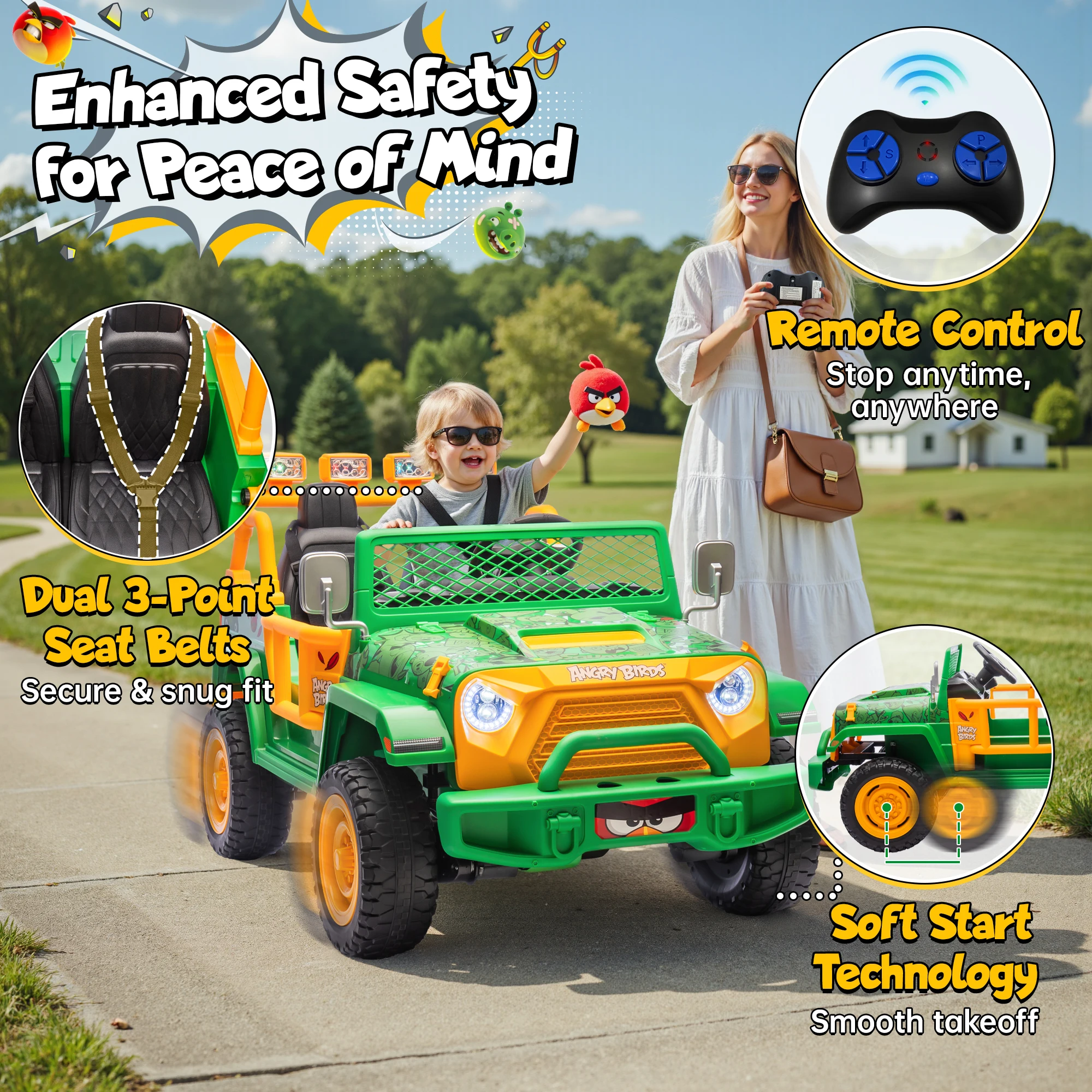 Angry Bird Power Car Wheels, 2 Seater 24V Electric 4x4 Ride on Toys for Big Kids w/Remote Control, 20" Seat, 3 Speeds 5MPH Max