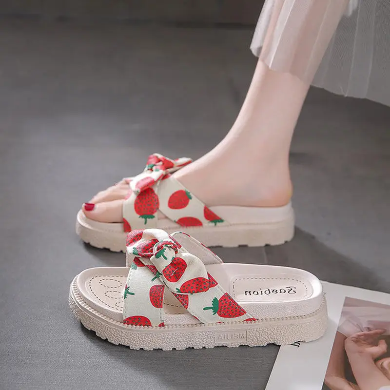 

2024 New Pineapple Strawberry Print Women Casual Slippers Open Toe Thick Platform Women Summer Beach Sandals with Butterfly-Knot
