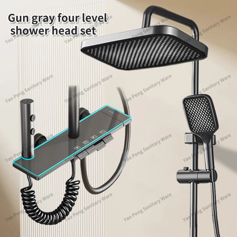 Gun-gray four-speed large water-saving shower set for bathroom and washroom with cold and hot water pressure spray head