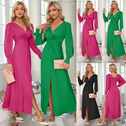 Abito elegante da donna manica lunga Sexy fessura francese gonna Midi di alta qualità Lady Fashion New Autumn Party Temperament Cloth