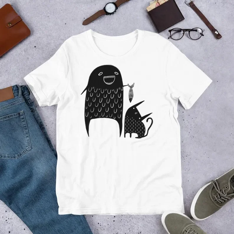 تي شيرت الوحش الأسود القط الأسماك الفن الشعبي الجرافيك المحملة القوطي مضحك هدايا عيد الميلاد Kawaii ملتوي غريب الأطوار القوطية العودة إلى المدرسة #2