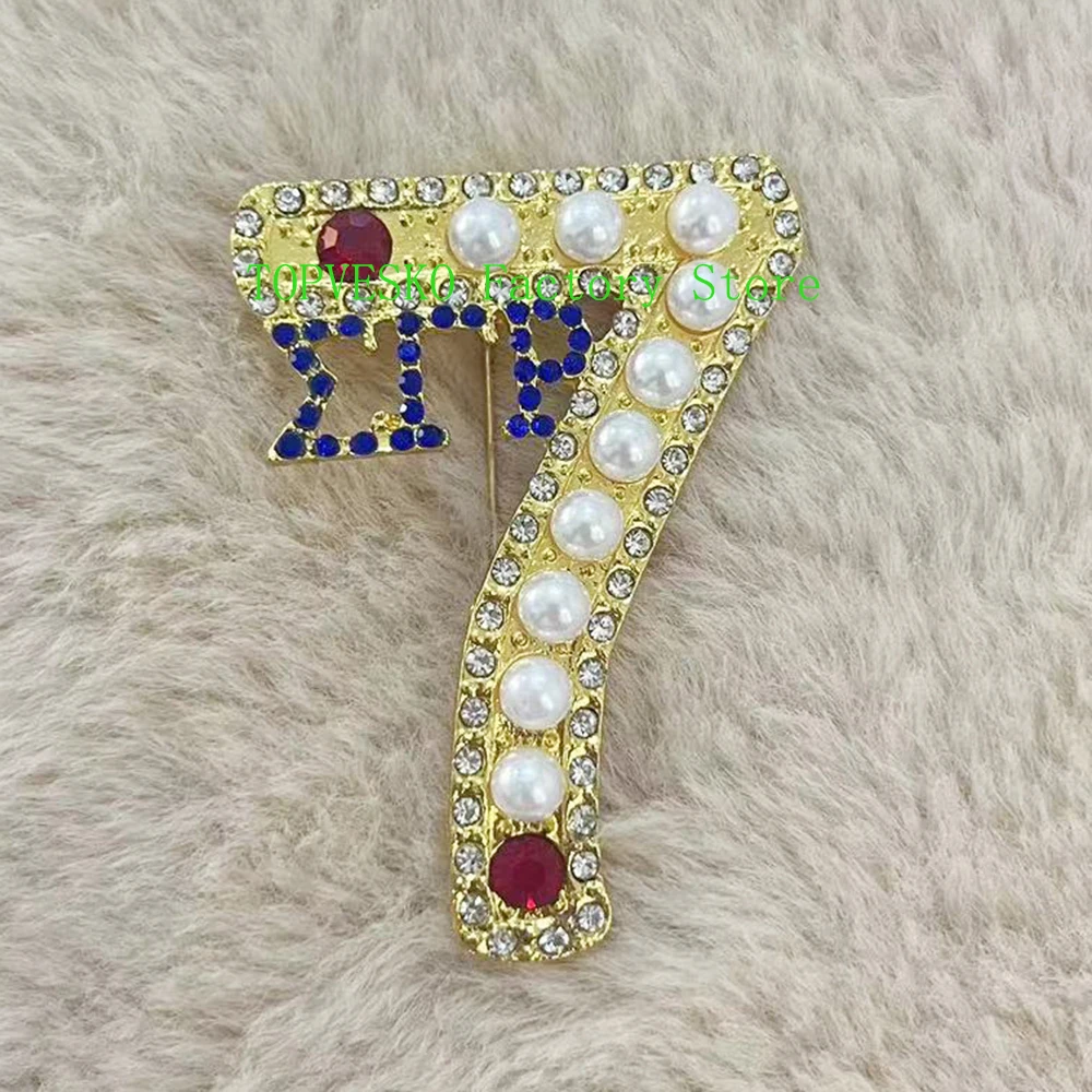 Sigma Gamma Rho Sorority And Fraternity Greek Letter Number 7 Pearl Rhinestone Brooch