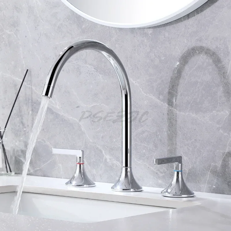 Three Hole Split Face Basin Faucet Fully Copper Chrome Plated Bathroom Washbasin Bend Faucet Hot and Cold Dual Control image 2