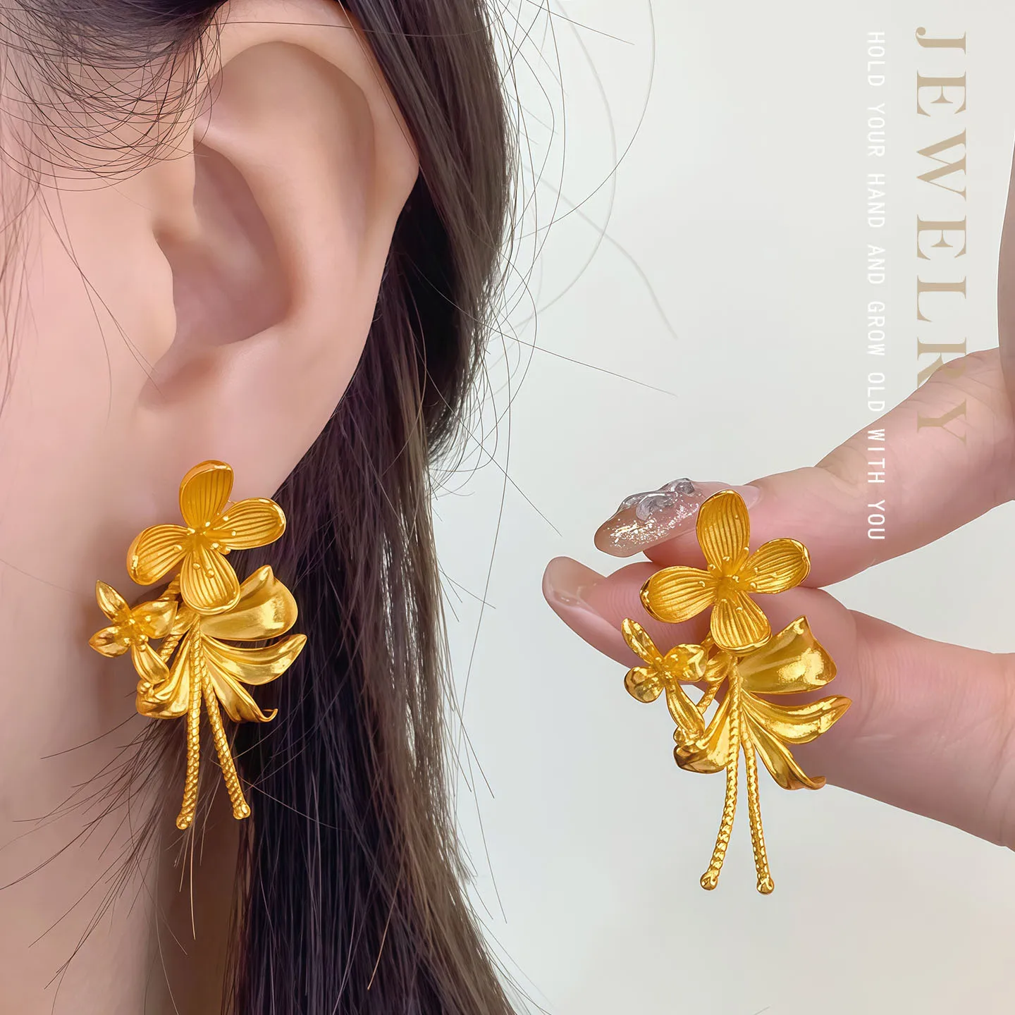 Luxury 24K 9999 Pure Gold real gold Women's Lily Flower Stud Earrings Gold Shop Same Flower Stud Earrings