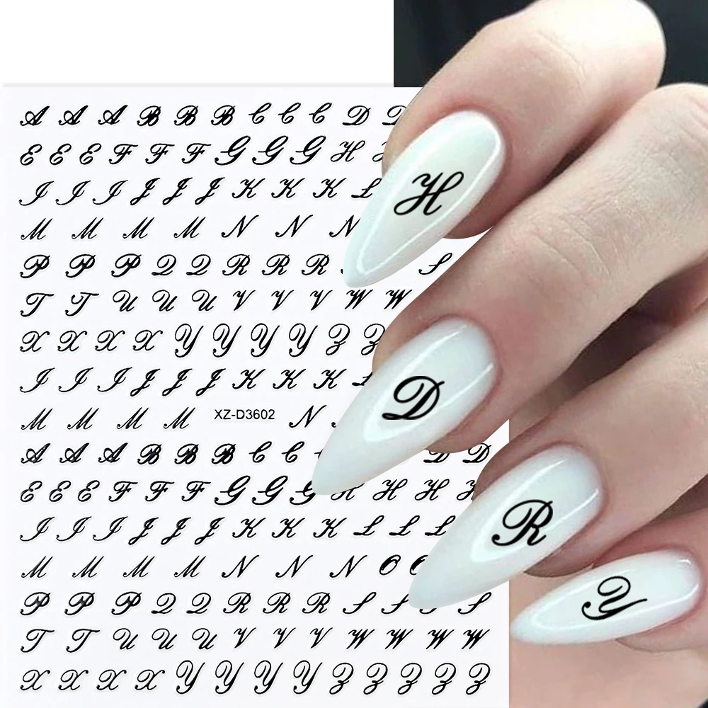 6 pçs/set retro 26 letras do alfabeto etiqueta do prego 3d preto branco carta romana adesivo sliders imprensa em unhas decalques carta inglês
