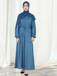 Solid Abaya for Women with Belt Islamic Clothing Satin Muslim Long Dress Casual Abayas Inner Dresses Dubai Modest Hijab Robe Eid