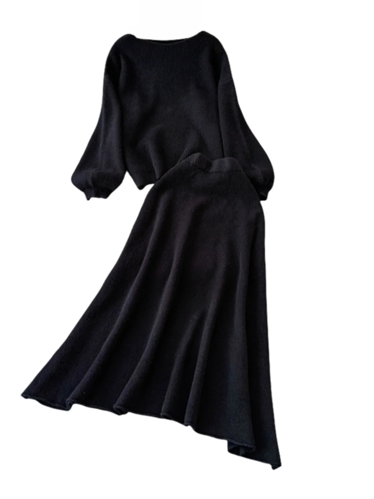 طقم سترة محبوكة فضفاضة بأكمام طويلة للنساء مع تنورة قصيرة عالية الخصر بتصميم كوري متعدد الاستخدامات