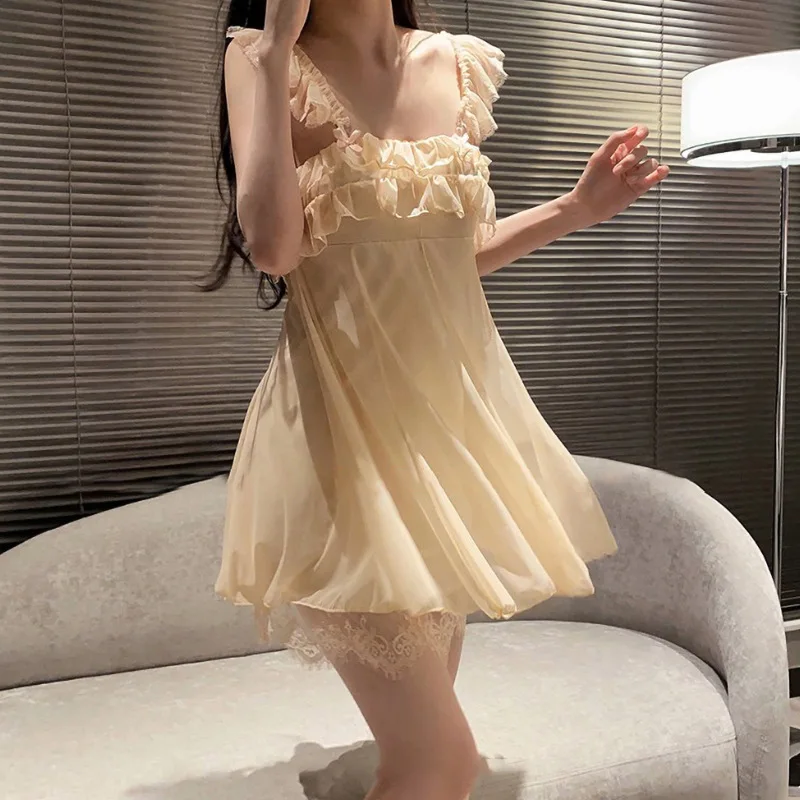 Lace Sexy Sleepwear Women Mini Dress Ruffles Nightgowns Lingerie Loungewear Sweet Japanese Nightwear Pajamas Sleeveless New