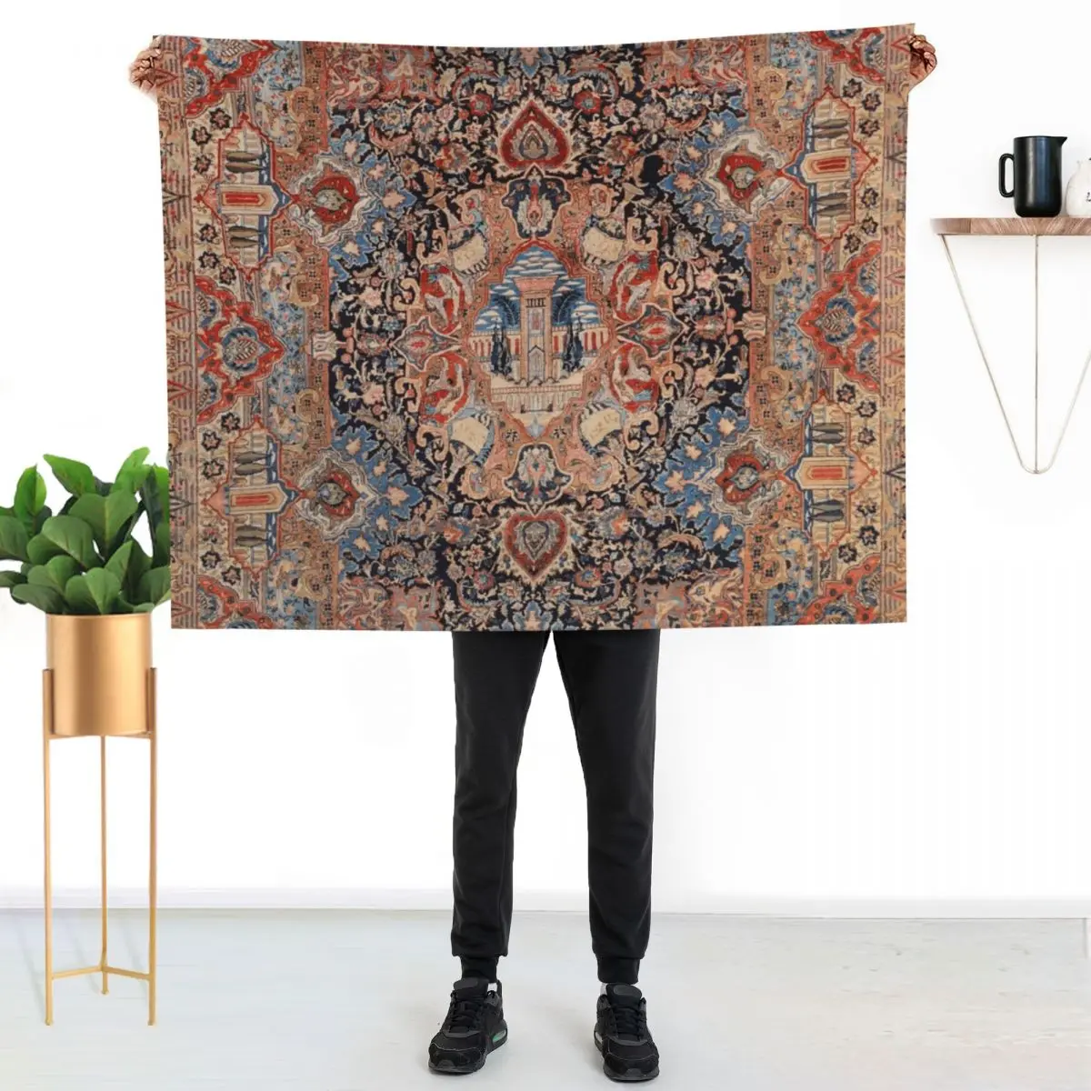 Persia Carpet 19th Century Authentic Colorful Picture of a Black Blue and Red Rug Throw Blanket Travel Blankets