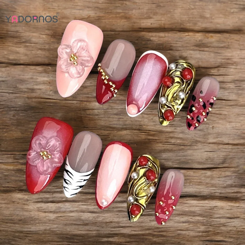 10 шт. легкие роскошные накладные ногти ручной работы с градиентным красным принтом зебры во французском стиле, золотая фольга, пресс на ногтях, 3D цветок, жемчужный декор, ногти