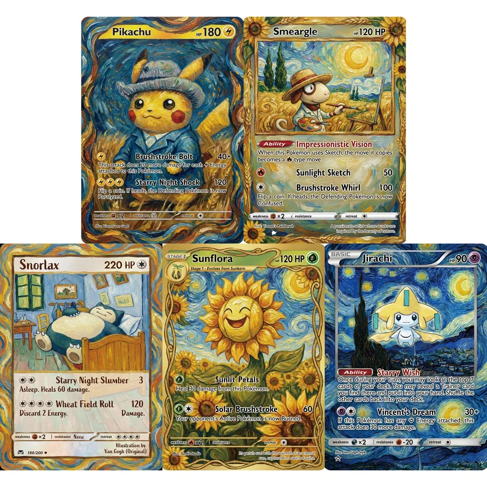 5-cartas-pokemon-da-serie-impressionismo-pos-van-gogh-smeargle-snorlax-sunflora-jirachi-cartas-holo-raras-do-jogo-ptcg