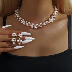 3 pieces of fashionable and trendy women's sparkling pearl set, rhinestone necklace, earrings, party and banquet accessories