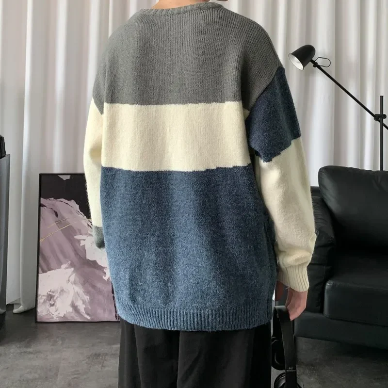 Korean Patchwork Striped Sweater Men Winter Men's Pullover Loose Knitted Sweaters Mens Contrast Color Clothing Casual Pull Homme