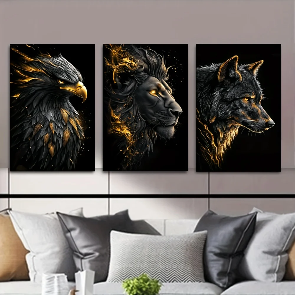 (No frame)3pcs/set, Canvas Painting--Unframed, Modern Art, Abstract Black Golden Animal Art, Artist Drawing Set, Living Room,