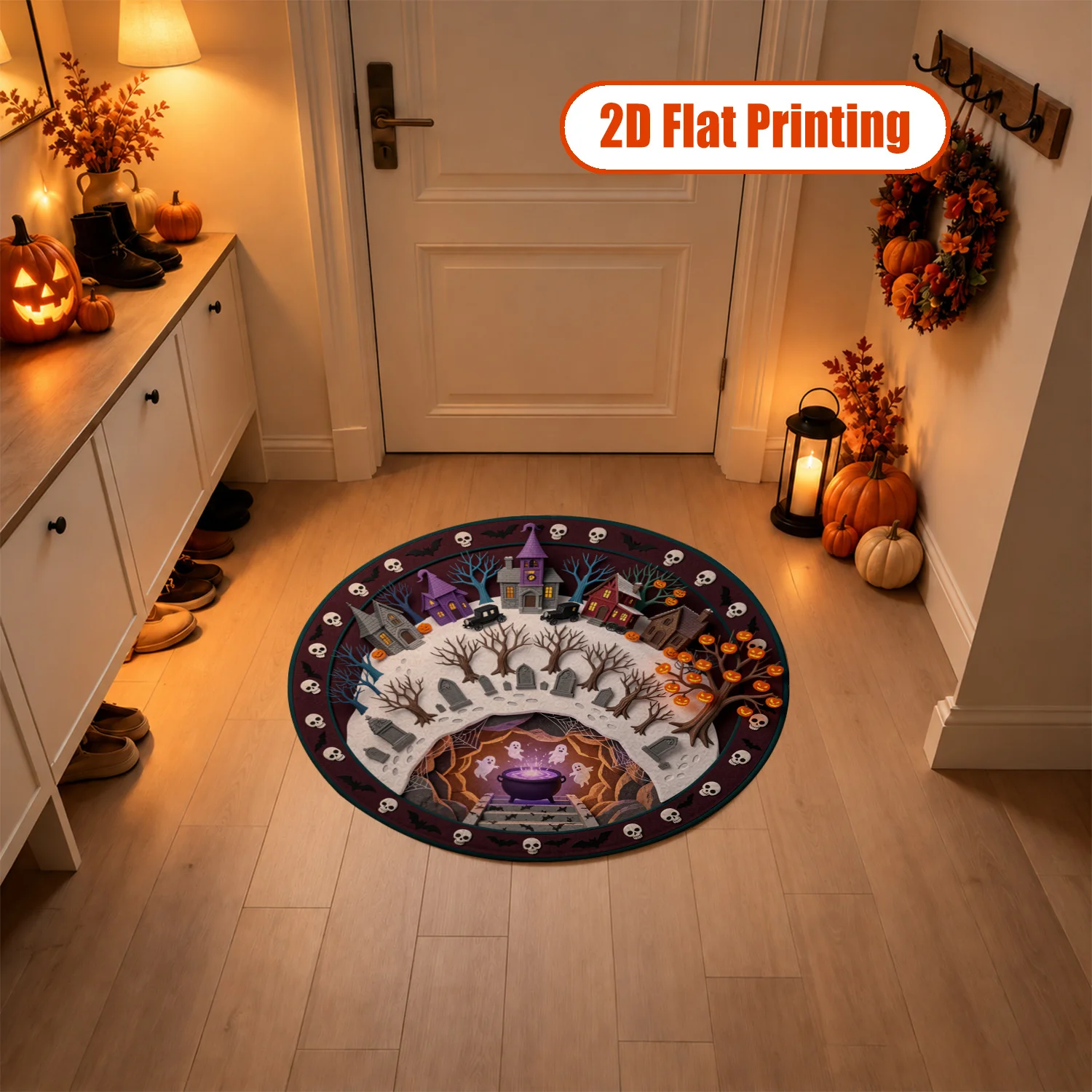 Spooky Haunted Village Ghost Pumpkin Skull Bat Round Velvet Doormat, Machine Washable, Stable Durable Mat for Front Door, Entryway, Porch, Living Room, Festive Decor for Halloween, Thanksgiving, Christmas, New Year