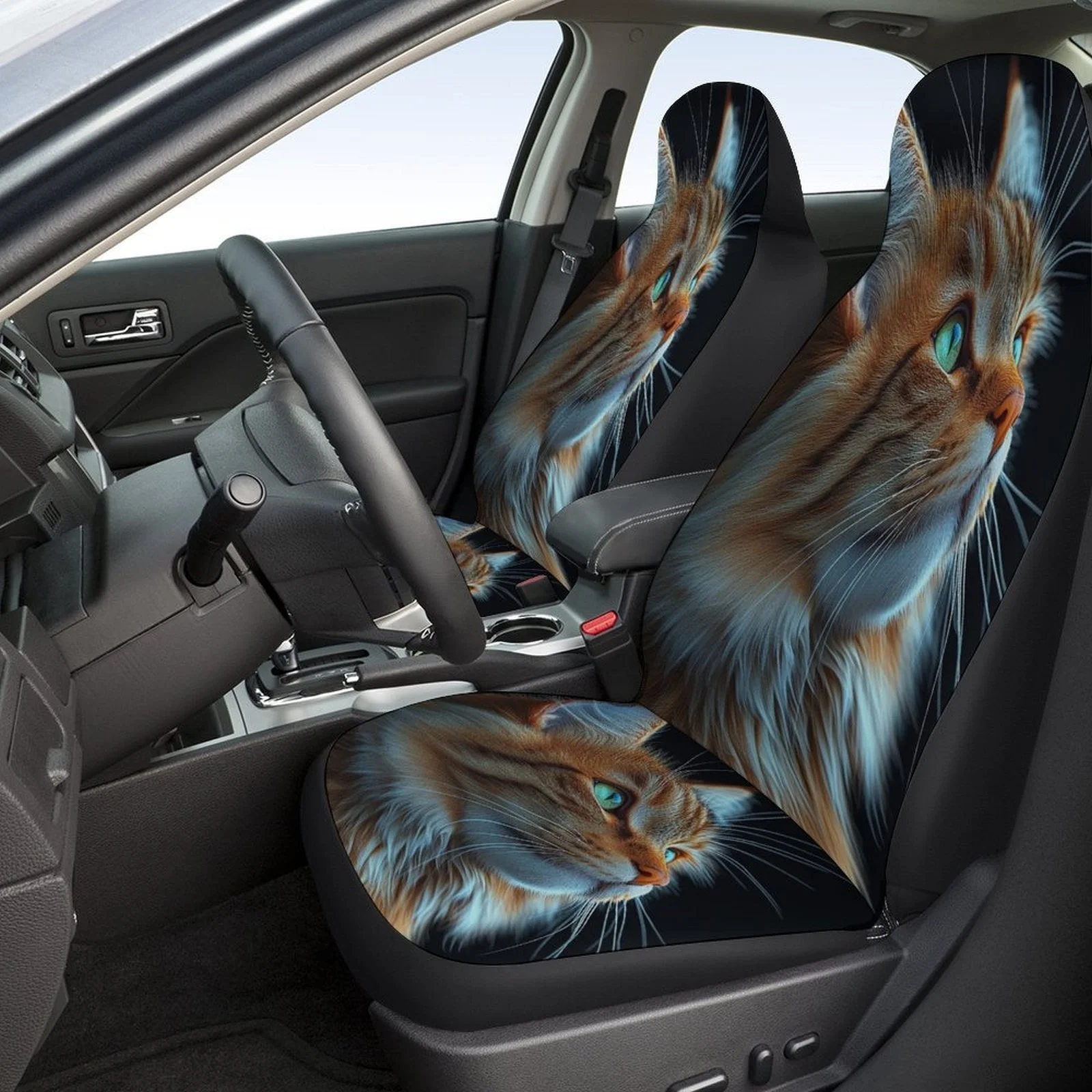 Golden Cat Portrait Car Seat Cover Set - Stylish & Golden Design, Durable Polyester, Fits Most Cars, Includes Front & Rear Seat