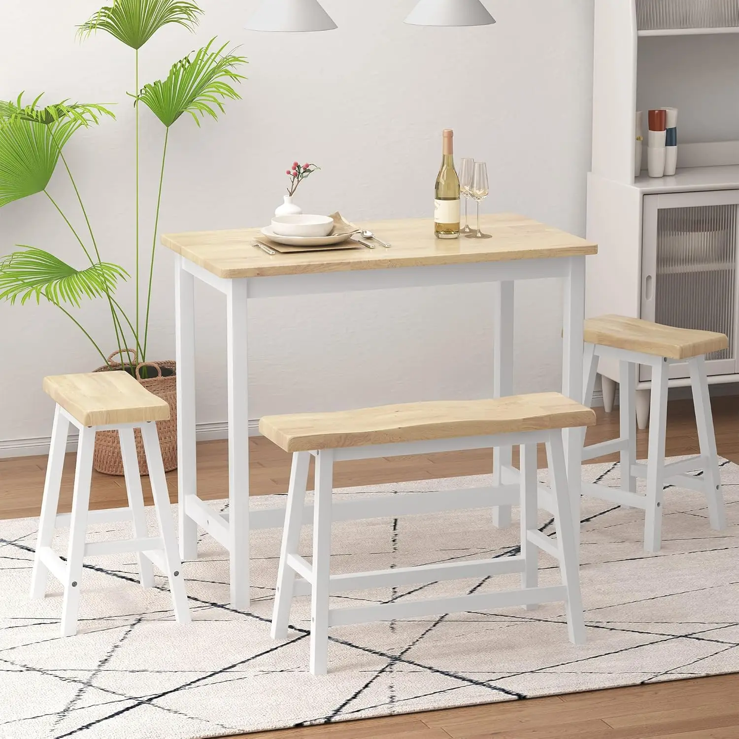 Table Set for 4 All Rubber Wood Kitchen Bistro Counter Height Table Bench Stool for Dining Room Small Space Natural Color & Whit