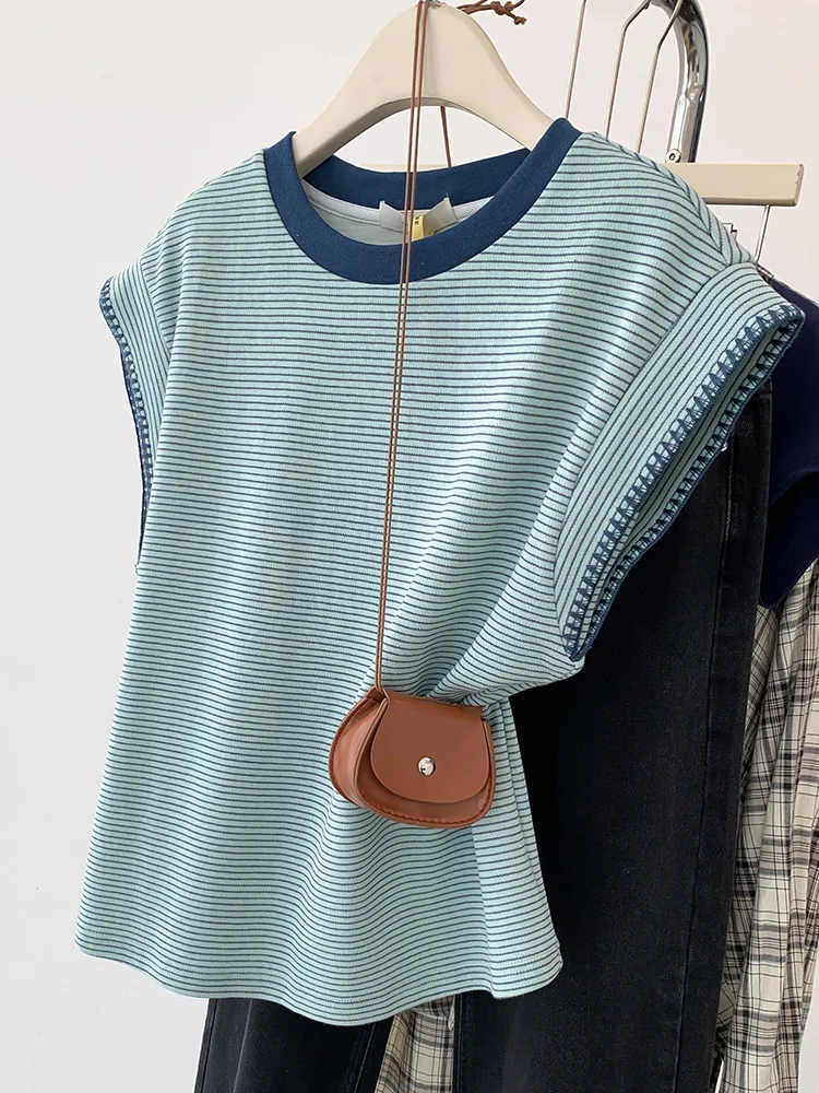 2024 estate donna Casual Versatile a righe contrasto colore girocollo manica corta t-shirt Design senso nicchia top