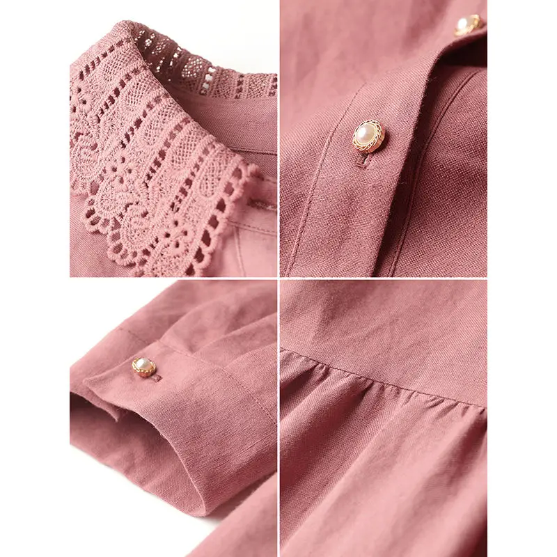 ربيع الخريف بلون بدوره إلى أسفل طوق كم طويل ميدي فستان المرأة شارع العليا القطن القنب فساتين الدانتيل زر جلد رداء