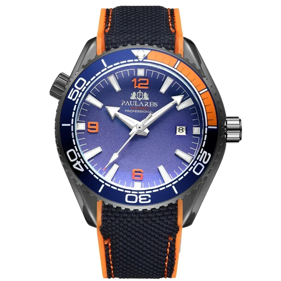 PAULAREIS P Automatische Herrenuhr, mechanisches Selbstaufzugswerk, Canvas-Kautschukarmband, Orange, Blau, Rot, Luxus-Modeuhren 6